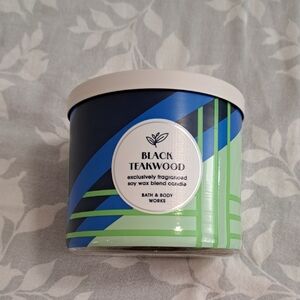 Bath & Body Works Black Teakwood Candle with Blue and Green Design